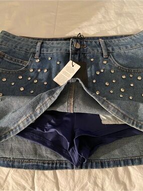 Denim Mini Skirt with Stud Embellishments  and attached shorts underneath